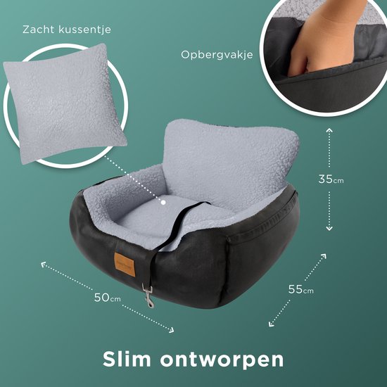 CozySense® Hundeautositz - Hundekorb Auto mit Sicherheitsgurt und Staufach - für kleine Hunde - Vorder- oder Rücksitz - Schwarz/Grau