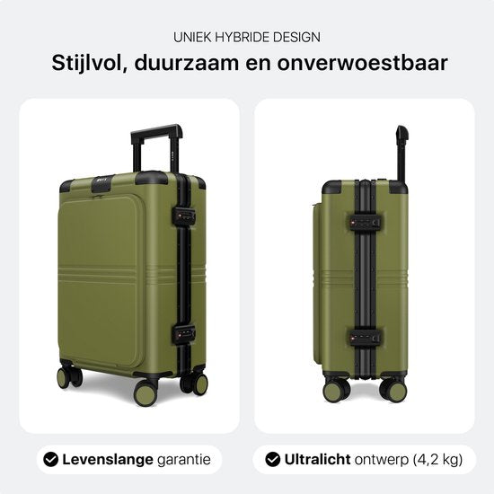 ONYX Hybrid Pro Handgepäck Koffer mit Fronttasche 38 Liter - Recyceltes Polycarbonat und reißverschlussloses Design - Reisekoffer mit TSA-Schloss und Spinner-Rädern - Leichter Trolley mit Laptop-Fach - Olivgrün