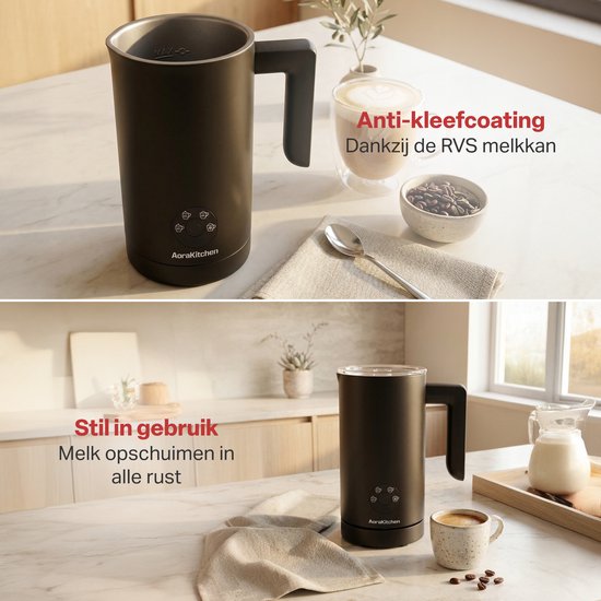 AoraKitchen Milchaufschäumer – 300 ml – Milchaufschäumer – Edelstahl – elektrisch – 4-in-1 – Antihaftbeschichtung – 500 W