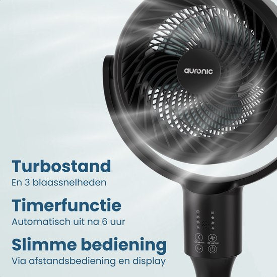 Auronic Stativventilator – Standventilator – Luftkühler – Boden- und Tischventilator – Omni – 3 Geschwindigkeitsstufen – Leiser Ventilator – Ventilator – Mit Fernbedienung – Schwarz