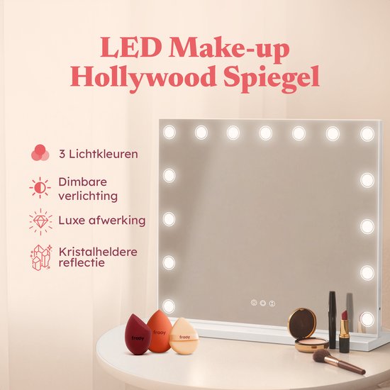 Fraay® Hollywood Spiegel mit Beleuchtung 60x50cm - 3 Lichtmodi - Make-up Spiegel mit 10-facher Vergrößerung Spiegel - LED Dots Beleuchtung dimmbar - Inkl. 2 Beauty Blenders und Puderquaste