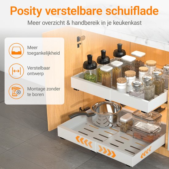 Posity Slide Drawer - Küchenschrank-Organizer - Spülenschrank/Schubladen-Organizer - Innenschublade Küche - Ausziehbar und verstellbar (43-67 cm) - Teleskopisch - Weiß
