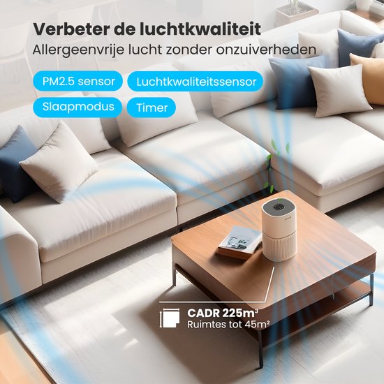 Auronic Luftreiniger Fresh - Mit HEPA 13 Filter - 225 m³/h - 45 m² - Kohlefilter - 3 Stufen - Luftreiniger - Weiß