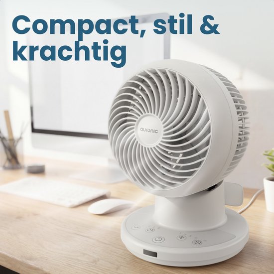 Auronic Tischventilator – Mini-Ventilator – Mit Fernbedienung und Timer – Automatische Schwenkfunktion 85° – 9 Meter Luftstrom – Weiß