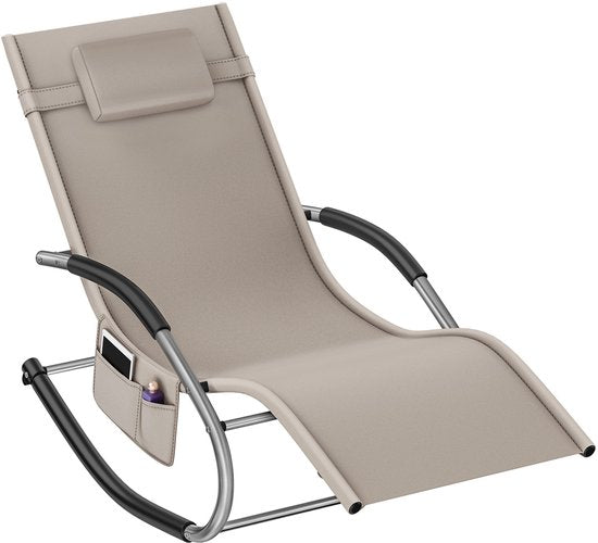 tectake® Liege Taya - Ergonomische Liege für Garten, Terrasse, Balkon - Relaxsessel mit Wippfunktion - Gartenstuhl mit bequemen Armlehnen, Kopfstütze und Ablagefach - wetterfest und wasserabweisend - 120kg Tragkraft - Beige