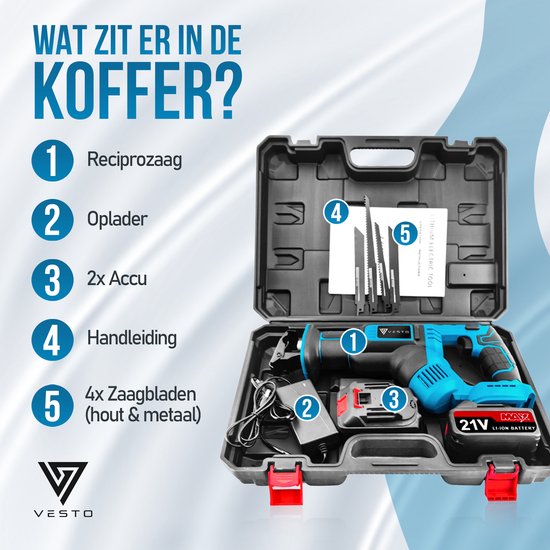 Vesto® Akku-Stichsäge - 21V Li-Ion - Inkl. 2 Akkus, Sägeblätter & Koffer - 25mm Hub - Für Holz, Metall & Kunststoff - Schnellwechselsystem - Kabellos