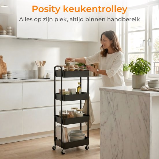 Posity Küchenwagen auf Rädern - Servierwagen / Aufbewahrungswagen / Küchenregal / Trolley Küche - Mobil und fest - 4 Lagen - Kunststoff - Schwarz