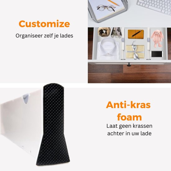 Posity Schubladenteiler - Verstellbar & ausziehbar - 4 Stück - Schubladenorganisation - 28-43,5 cm - Für Küche, Schlafzimmer & Kleidung - Kunststoff - Weiß