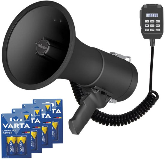Velleman Megaphon-Set 50W mit Sirene, inkl. Batterien, 700s Aufnahme, Lautstärkeregler, Bluetooth, USB, Handmikrofon, 1200m Reichweite, 120dB, tragbares ABS-Design, mattschwarz