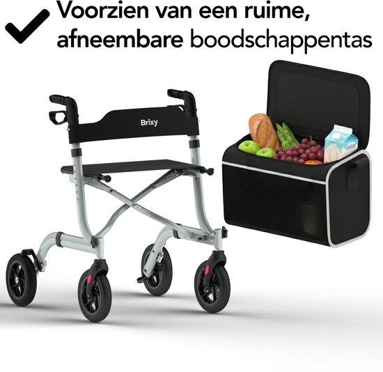 Brixy Rollator - leicht und faltbar - Sitzfunktion - Rückenlehne, Tasche und Gehstockhalterung - Grau