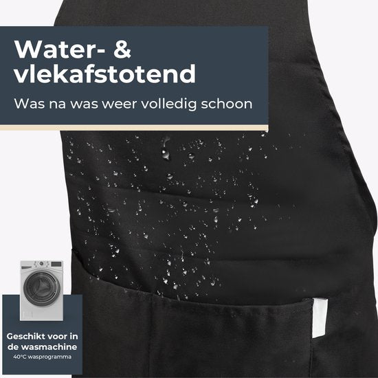 Küchenschürze - Wasser- und schmutzabweisend - Professionelle Kochschürze - Schürze für Frauen und Männer - Catering-Schürze - Unisex - Verstellbare Schnalle - Extra große Fächer - Schwarz