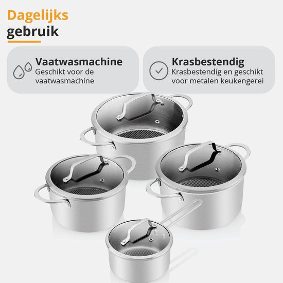 ETA HoneyComb Pfannenset für Induktion und alle Wärmequellen - Backofenfest - 4er-Set mit Glasdeckel - Edelstahl - Antihaft - Edelstahl