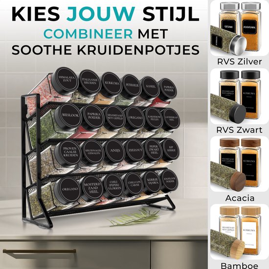 Soothe Gewürzregal stehend und hängend für 24 Gewürzdosen - 4 Lagen - Gewürzorganisator - Gewürzregal - Gewürzregal - Schwarz