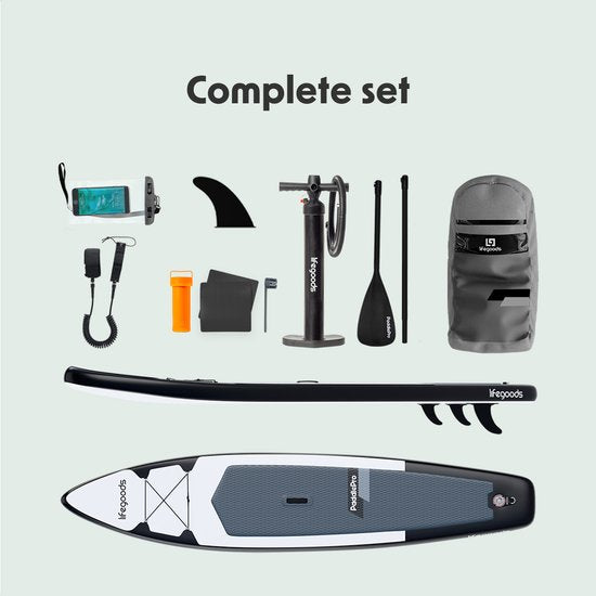 LifeGoods SUP Board Touring - 165 KG Belastbarkeit - 365 x 76 cm - Aufblasbar - Komplettes SUP Paket - Weiß/Schwarz