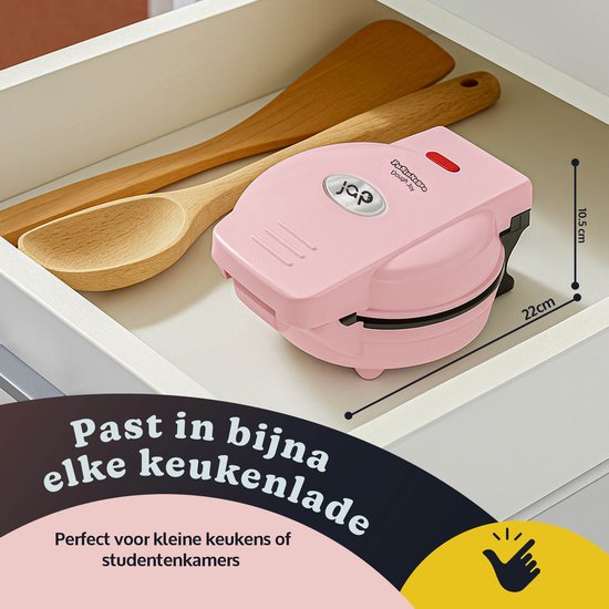 JAP Appliances Dough Joy Waffeleisen - Waffeleisen für 1 runde Waffel - Antihaftbeschichtung - Kontrollleuchte - Waffeln 16x16 cm - Pink