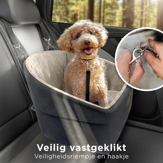 CozySense® Hundeautositz - Sicherer Hundekorb für kleine Hunde - Vorder- und Rücksitz - mit Sicherheitsgurt, Staufach und waschbarem Bezug - Schwarz/Beige