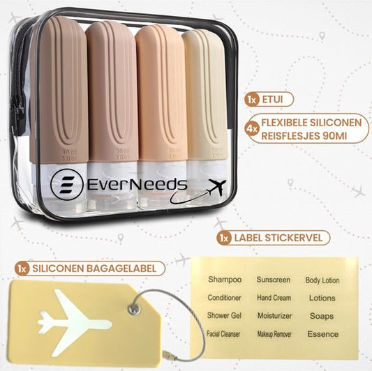 EverNeeds Reiseflaschen mit Etui - Nachfüllbar - Silikon-Reiseflaschen Handgepäck - Creme - 4 Stück