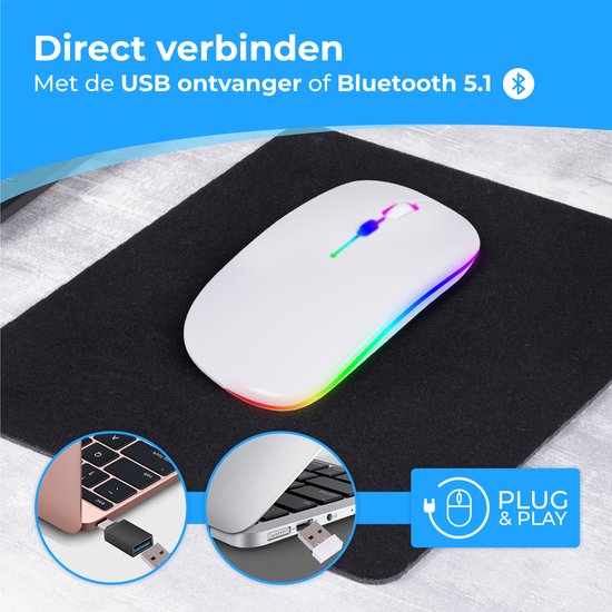 Nuvance - Kabellose Maus LED - Bluetooth - Ergonomisch - Laptop und Spiele - Kabellos - Weiß