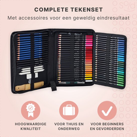 S.old Buntstifte - Bleistiftset - Skizzenstifte - Zeichenset 97-teilig - Kohlezeichnung - Inkl. Radiergummi Bleistiftspitzer & Etui