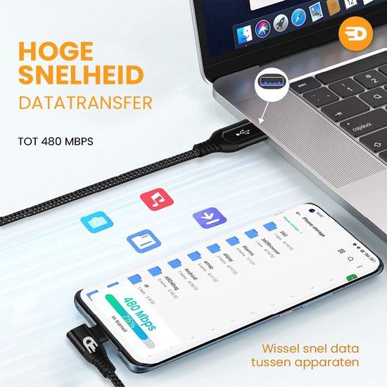 Drivv. USB-auf-USB-C-Kabel - Haken - USB-C-Daten- und Ladekabel - Schnellladung / Schnellladegerät - 3 Meter - Geeignet für Samsung, iPhone 15 und mehr - Schwarz
