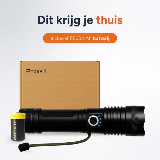 Taschenlampe LED wiederaufladbar - inkl. Batterien - Für Kinder und Erwachsene - Wasserdicht - Mini-Militär-Taschenlampen - 1500 Lumen - Proskill