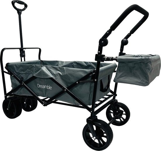 Dreamble® | Wagon | Grau | Bis zu 140KG | 120L | Zug- und Schiebefunktion | Dicke weiche Bodenmatte 4cm - für Kinder | Extra große Räder Ø20cm | Extra Stauraum | 130x110(LxH) | 2 Taschen außen, 1 Tasche innen mit Reißverschluss | Fußbremse | Schutzhülle