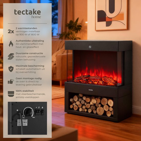 tectake® Elektrokamin - Atmosphärischer Kamin - 900W & 1800W - Freistehend - Kaminofen - mit Heizung - Kamine - mit Holz- und Glüheffekten - 3D Flammen - Timer
