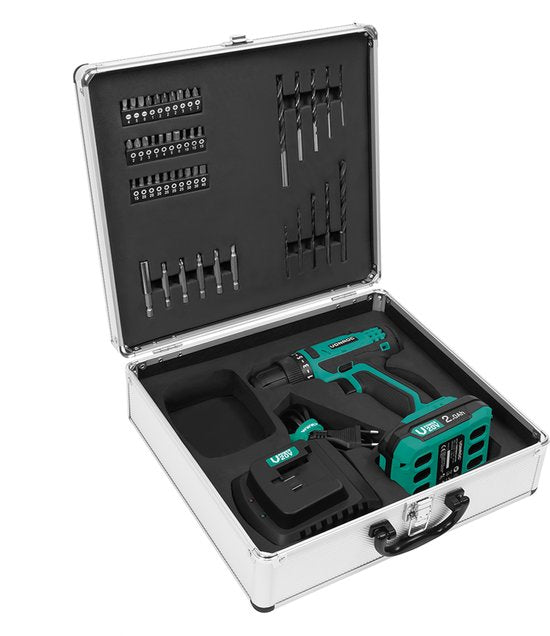 VONROC Akku-Bohrmaschine 20V - 19 Schraubpositionen + Bohrposition - Inkl. 2.0Ah Akku, Schnellladegerät und 46 Zubehörteile im Deluxe-Koffer