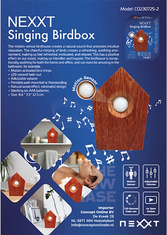 Nexxt Bird Sound House mit Sensor für die Toilette - Einstellbare Lautstärke - WC - Bewegungsmelder - 8,6 x 3,5 x 12,5 cm - 90 g - Schrank - Vogelkasten - Dunkelbraun