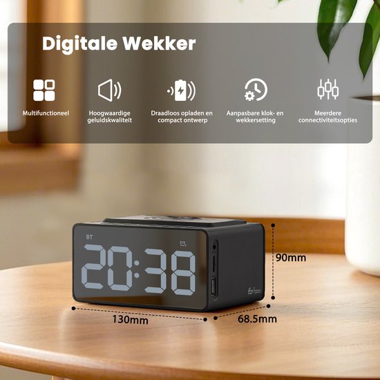 Digitaler Wecker - mit Radio, Bluetooth und kabellosem Ladegerät - Radiowecker - Snooze-Funktion - Schwarz - von Faas
