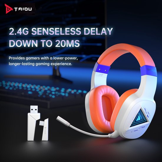 TAIDU THS320Pro Wireless Gaming Headset - 2.4GHz - Bluetooth 5.2 - Mikrofon - Multiplattform - Weiß Orange