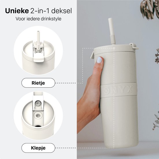 ONYX Trinkflasche mit Strohhalm 700ML - Trinkflasche für Kinder & Erwachsene - Thermosbecher Edelstahl Reisebecher - Motivationstrinker - Trinkbecher für die Schule - Coco White