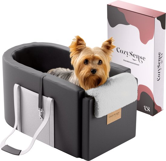 CozySense® Hundeautositz - Hundekorb Auto mit waschbarem Bezug - Für kleine Hunde - Passt in die Mittelkonsole - Auch als Tragetasche - Schwarz/Grau