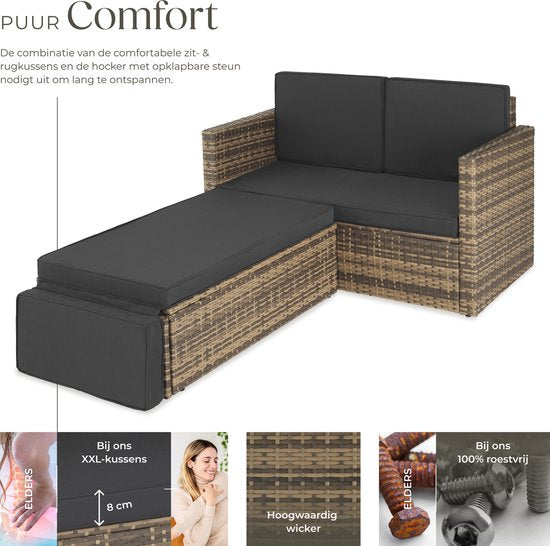 tectake® Lounge-Sofa aus Geflecht - Mit Ottomane - Für 2 Personen - Lounge-Sofa mit Sitz- und Rückenkissen - Wetterfest - Ideal für Terrasse, Wintergarten und Balkon - Maße Sofa (LxBxH) 119 x 64,5 x 71,5 cm - Natur