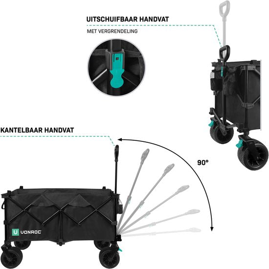VONROC Bolderkar XL - Faltbar - 80 kg Tragkraft - 200l Fassungsvermögen - Extra geräumiges Modell - Solide Anti-Auslaufrollen - Stabiler Stahlrahmen - Polyester 600D - Schwarz
