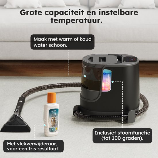 Fleckenreiniger - 7-teiliges Set - Teppichreiniger mit Dampffunktion - Inkl. Fleckenentferner - Dampfreiniger - bis zu 100°C - Schwarz - von Saaf