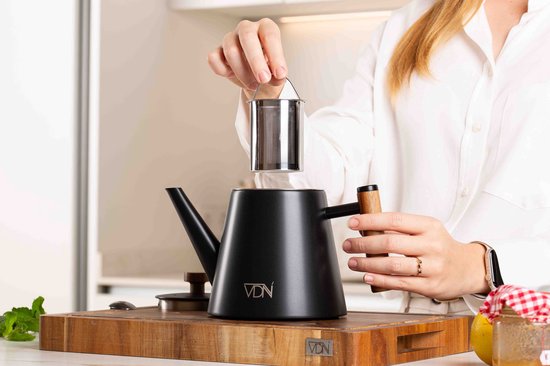 VDN Edelstahl Teekanne Doppelwandig mit Filter - Schwarz Teekanne 1 Liter - 904