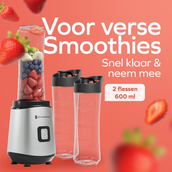 KitchenBrothers Mini Blender - Mixer zum Mitnehmen - Smoothie Maker - 2 To-Go Becher 600 ml - Edelstahl
