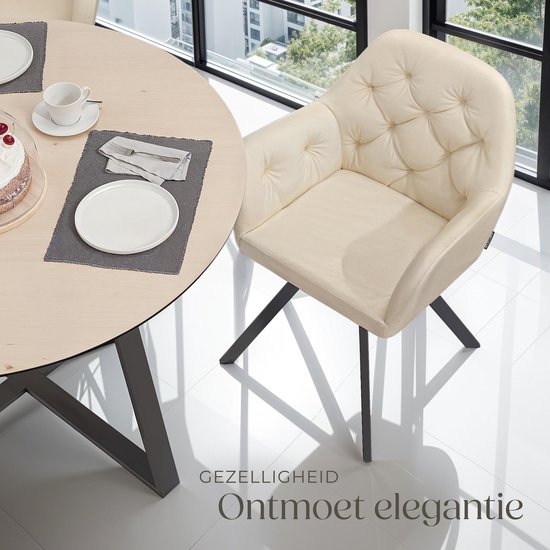 tectake - Drehstuhl - mit Arm- und Rückenlehne - 180-Grad-Drehung - Moderner Stuhl mit Stahlbeinen - Samt - Creme