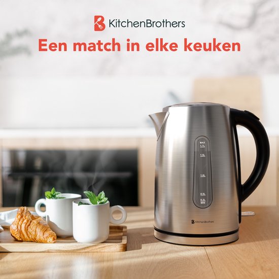KitchenBrothers Wasserkocher - Elektrisch - 1,7L - 2200W - Edelstahl - Silber