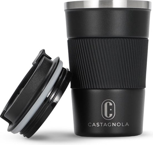 Castagnola Thermos Cup - Kaffeebecher To Go - Reisebecher für Kaffee und Tee - Teebecher - 380 ML - Edelstahl - Schwarz