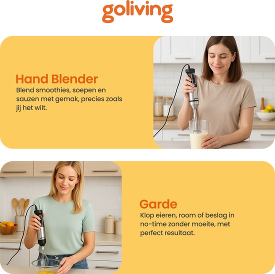 Goliving Stabmixer-Set 5-in-1 - Zerkleinerer - Messbecher - Schneebesen - 1000W - spülmaschinenfestes Zubehör - Edelstahl - Schwarz