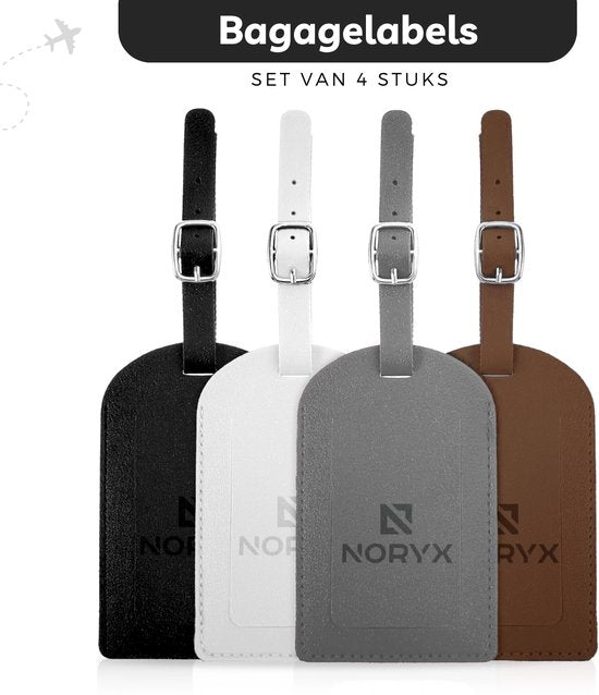 Noryx 4-teiliges Kofferetiketten-Set - Kofferetikett - Kofferanhänger - Kofferetikett - Grau, Weiß, Schwarz & Braun