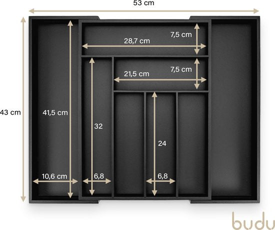 Budu Extendable Bamboo Cutlery Tray #43 (43 cm tief) - Schwarz - Besteckkassette Holz - Besteckschublade - 43 x 32,2 - 53 cm - 6/8 Fächer