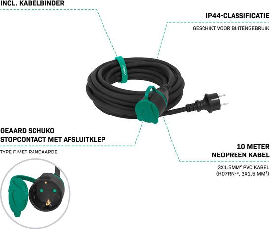 VONROC PRO Verlängerungskabel 10m - IP44 - Neoprenkabel H07RN-F 3x1,5 mm² - inkl. Kabelbinder (Verlängerungskabel)