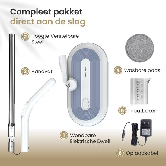 Vapore Electric Mop Cordless - 150×150 RPM Dual Rotation - 40 min Batterie - LED-Beleuchtung - Bodenreiniger - Alle harten Böden - Leise 77,5 dB - Wischsystem mit Spray