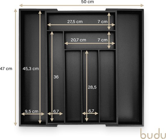 Budu Extendable Bamboo Cutlery Tray #47 (47 cm tief) - Schwarz - Besteckkassette Holz - Besteckschublade - 47 x 30.6 - 50 cm - 6/8 Fächer