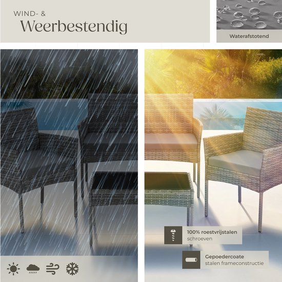 tectake® - Geflecht-Gartenset Palese - Sitzgruppe für 4 Personen - Gartenmöbelset mit Loungebank, Gartentisch und 2 Gartenstühlen inklusive Sitzkissen - Gartenmöbel - Wasserfest - Grau