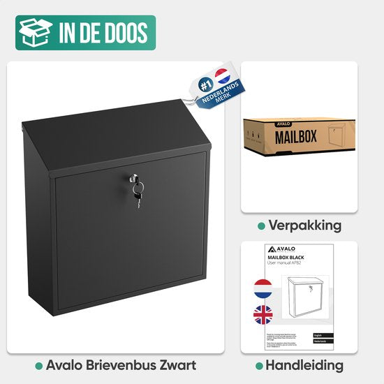 Avalo Briefkasten Schwarz Edelstahl - Wandbriefkasten - Inkl. Montagematerial & 2 Schlüssel