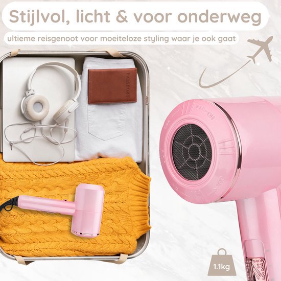 Sansbeauté® Haartrockner mit Diffusor - Ionen-Haartrockner - Bürste - Reise-Haartrockner - 3 Aufsätze - Locken - Coolshot - 3 Stufen - Haartrockner mit Diffusor - Haartrockner - 2000W - Pink